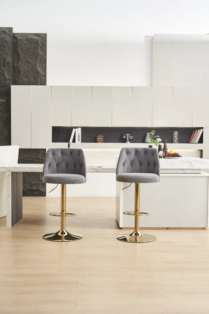 Sgabello da Bar Girevole ¨C MINIMAL ¨C Velluto Grigio, Schienale, Poggiapiedi, Altezza Regolabile, Set 2 Pezzi