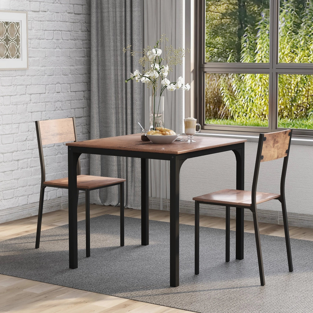 Tavolo da pranzo con 2 sedie, piano in MDF e struttura in metallo, per cucina, balcone e soggiorno, marrone