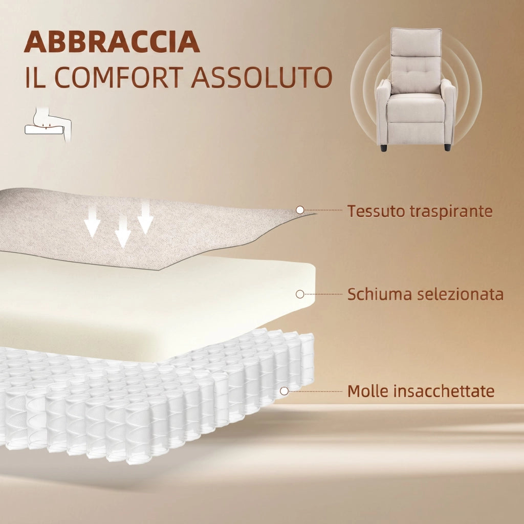 Poltrona Massaggiante 69x93x104 cm Reclinabile a 160° con Poggiapiedi e Telecomando Effetto Lino Bianco Crema