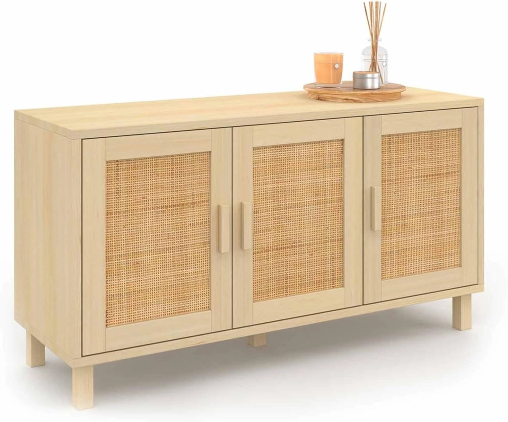 113 cm ELIN Credenza bassa vintage a 3 ante con effetto canna naturale