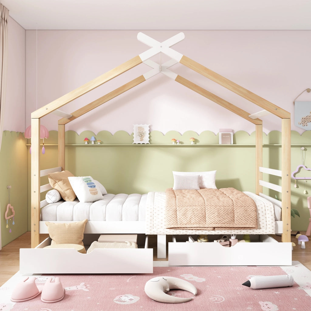Letto per bambini a casetta 90 × 200 cm con cassetti in legno bianco e rete a doghe per cameretta