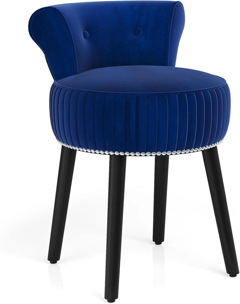 Sedia per toeletta, sgabello da trucco con schienale, sedia imbottita in velluto con gambe in legno di gomma, moderna poltrona senza braccioli, per camera da letto, spogliatoio, soggiorno (blu