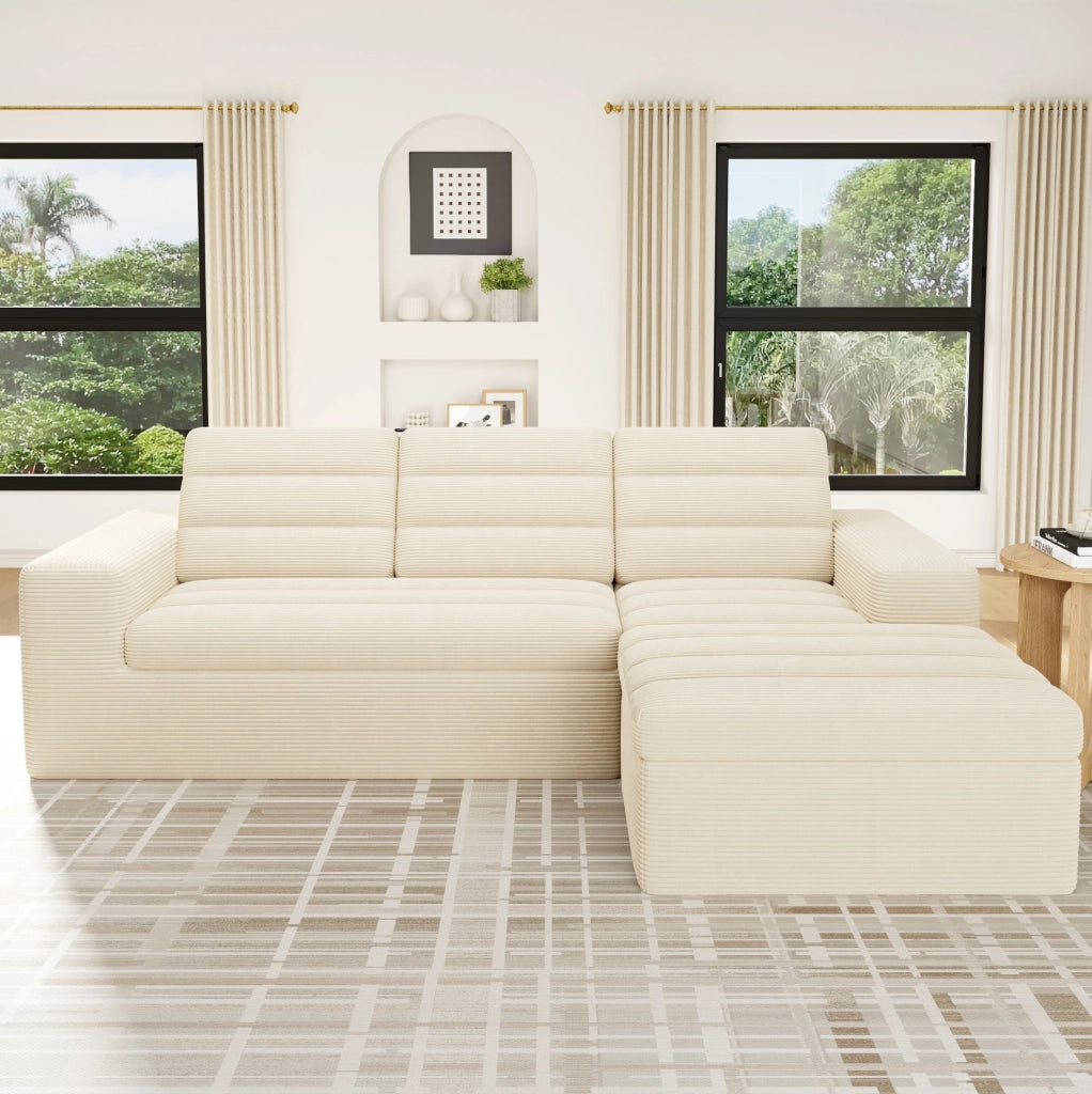 Divano angolare modulare 4 posti beige in velluto a coste senza telaio, versatile e confortevole