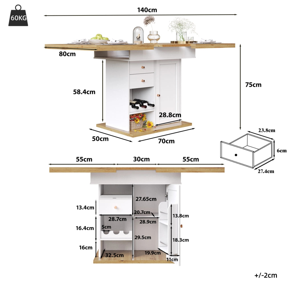 Tavolo allungabile 110-140x80x75 cm con anta; cassetto e ripiani; bianco e naturale