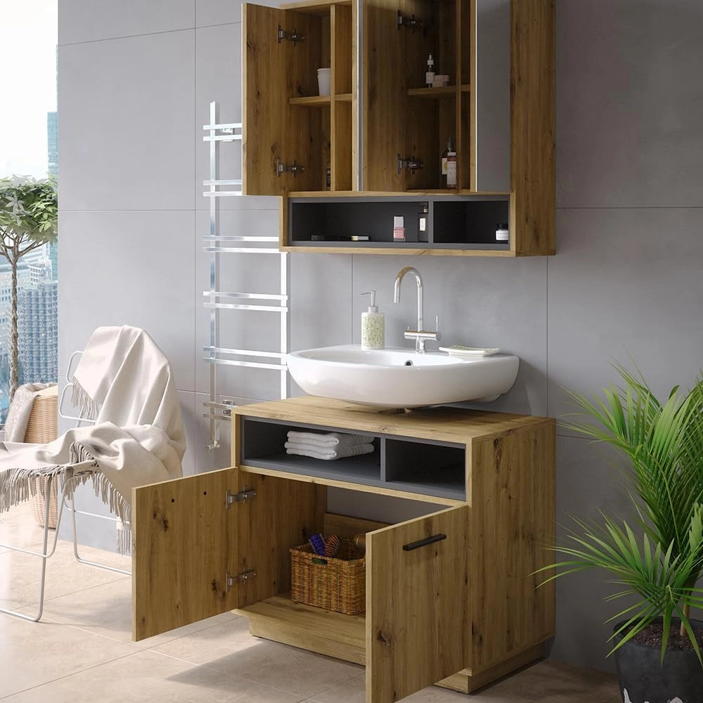 Set di mobili da bagno Beatrice, Rovere artigianale, 80 cm, composto da specchio da bagno e mobile sottolavabo