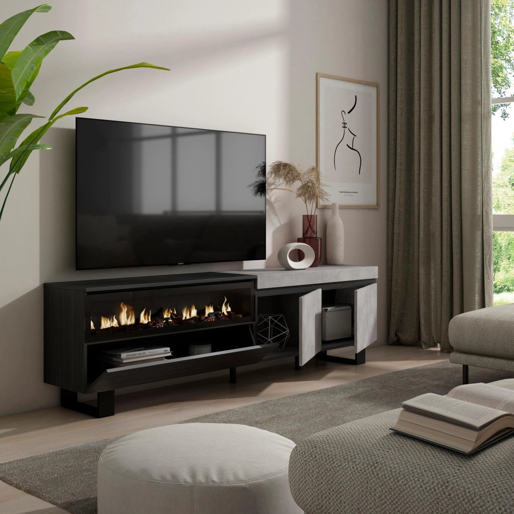 Mobile TV, 200x35x57cm, soggiorno, Per TV fino a 80", Camino elettrico, Design industriale, grigio cemento RF2236