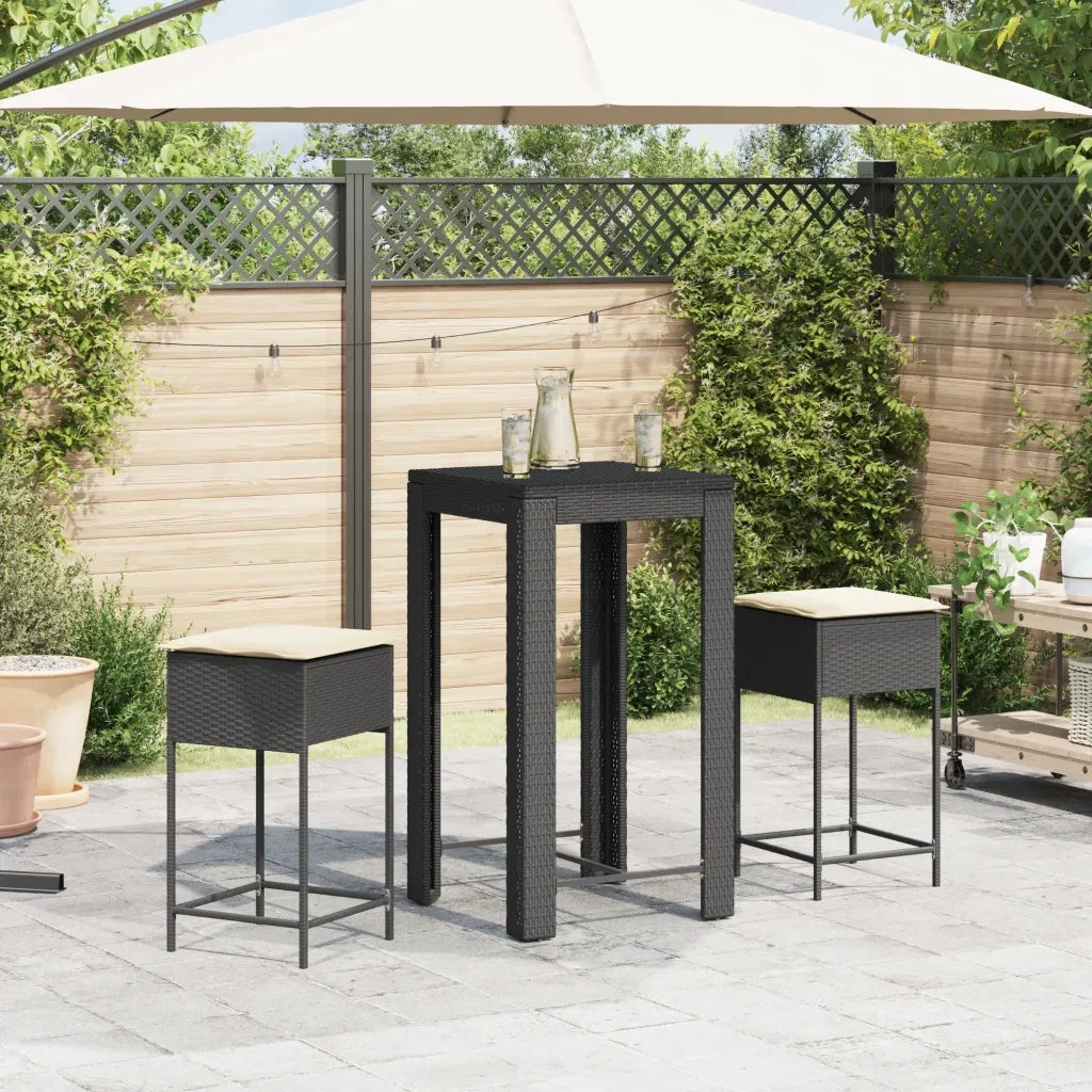 Set Bar da Giardino 3 pz con Cuscini in Polyrattan Nero 3261448