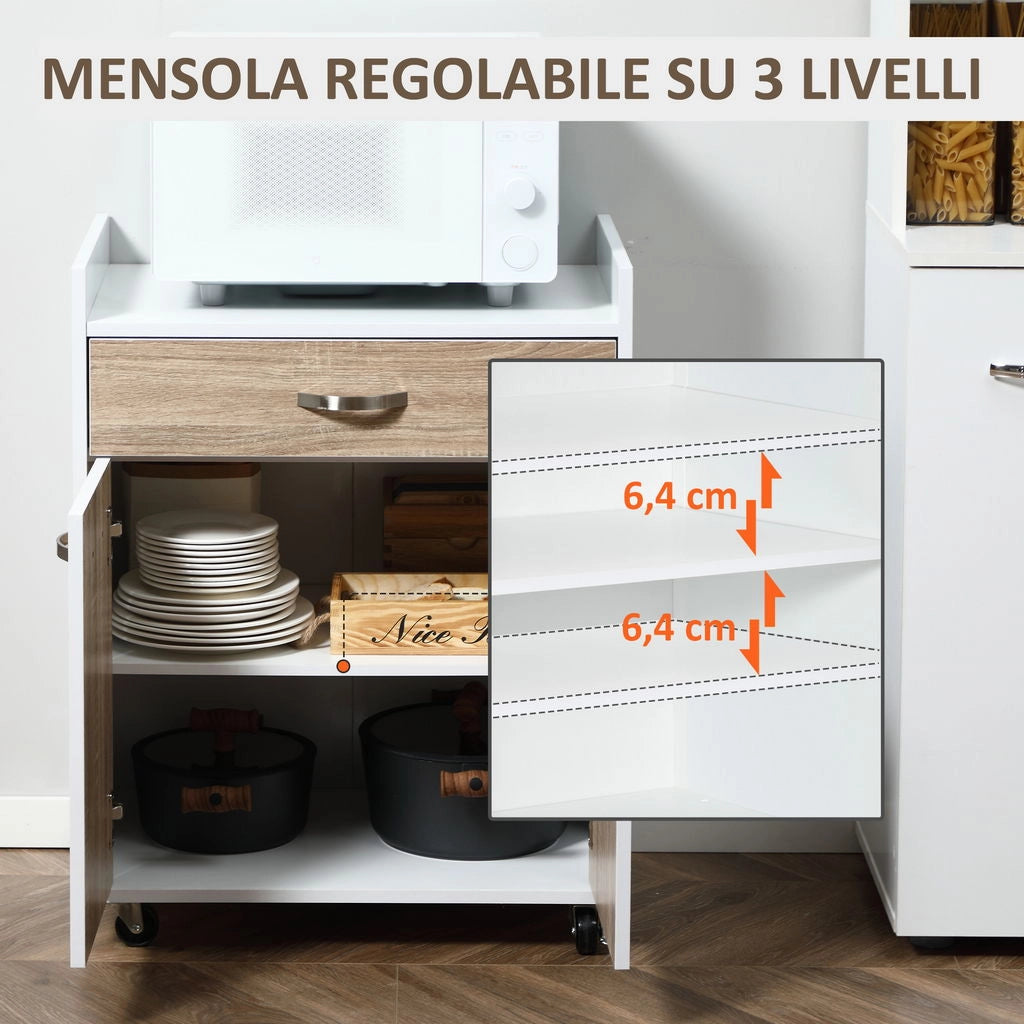 CARRELLO DA CUCINA CON CASSETTO IN LEGNO 60X40X77CM BIANCO E ROVERE