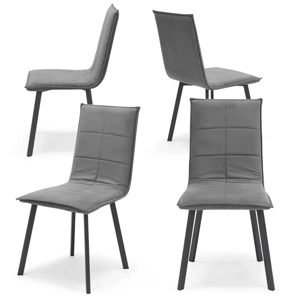 Set 4 sedie Imbottite MARILU', Base quadra in metallo, ideale per sala da pranzo, soggiorno, ufficio, sale d'attesa, tessuto trapuntato a rettangoli colore Grigio, Design moderno