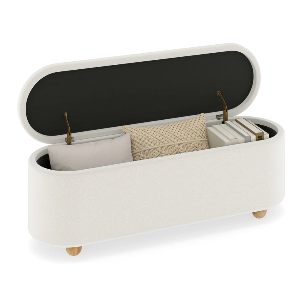 Panca contenitore ovale 139 x 40,5 x 48,5 cm seduta comoda e ampio spazio contenitivo stile moderno tessuto tinto bianco 20_0017100