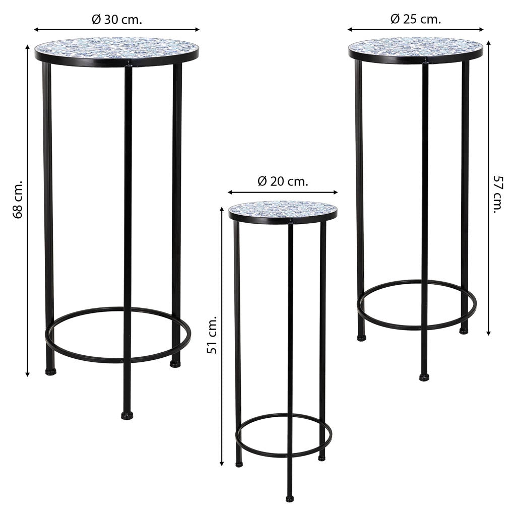 Set 3 mensole in mosaico nero e ferro battuto D30x68h-D25x57h-D20x51h