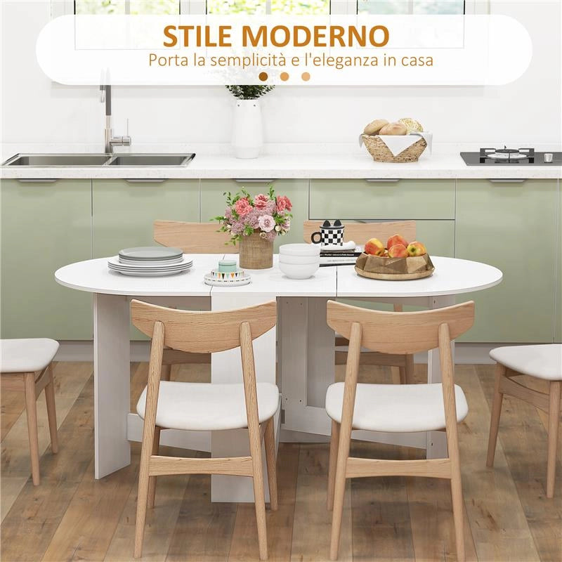 TAVOLO PIEGHEVOLE PER 6 PERSONE CON 2 RIBALTE OVALE IN LEGNO, 163X80X75 CM, BIANCO