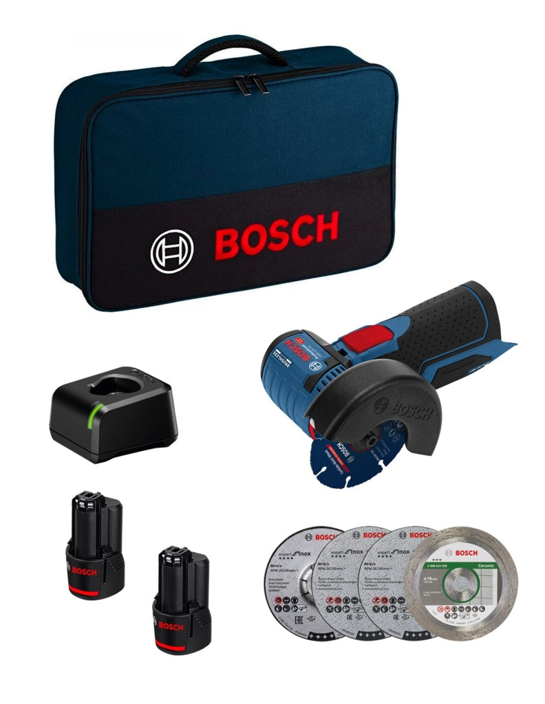 Smerigliatrice BOSCH GWS 12V-76 (2 x 2,0 Ah + GAL12V-20 + Dischi + Borsa)