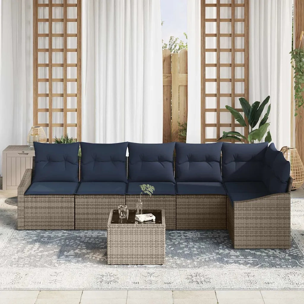 Set Divano da Giardino 7 pcs Grigio e Blu Navy polyrattan 3355424