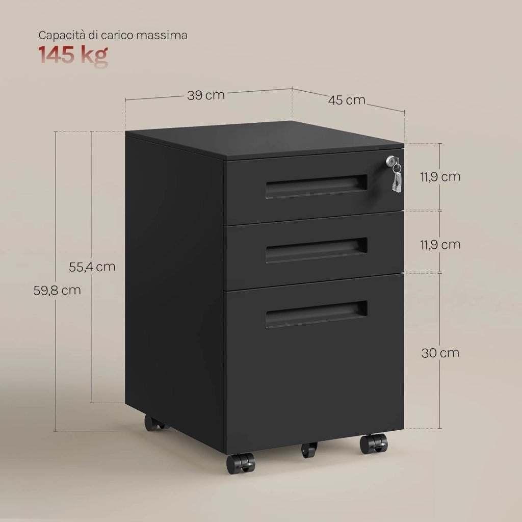Cassettiera da Ufficio Scrivania Studio con Rotelle Mobiletto con 3 Cassetti e Serratura per Documenti Cartelle Sospese Cancelleria, Pre-Assemblato, metallo Nero SK023sz