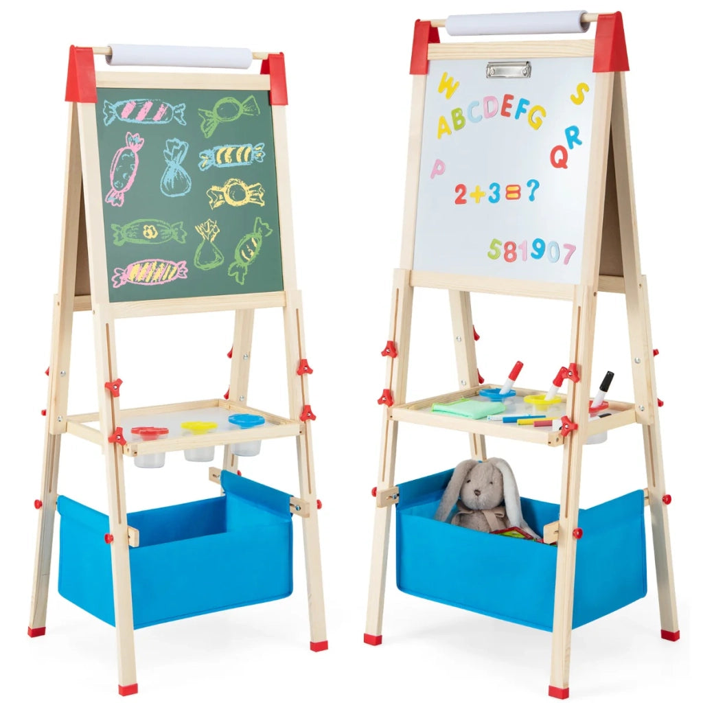 Cavalletto in legno per bambini altezza regolabile 102-126 cm con 60 accessori design moderno in blu naturale 20_0019366