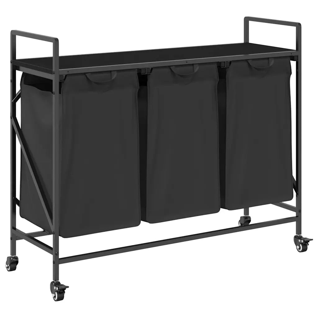 Cesto della Biancheria 3 Scomparti con Ruote Rovere Nero CFW1714317