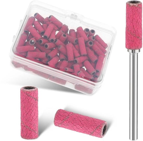 Set di abrasivi a forma di cilindro 100 pezzi, cilindri abrasivi 180 GRIT piccoli dischi abrasivi per foro per unghie rosso dischi abrasivi per unghie con scatola di conservazione e 1 punteruolo per unghie in argento
