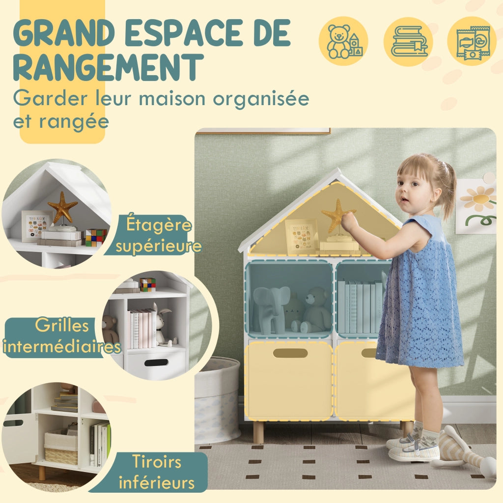 Libreria per bambini ¨C zephmum ¨C 3 ripiani, 2 cassetti, forma casa, 64x30x89 cm, bianco