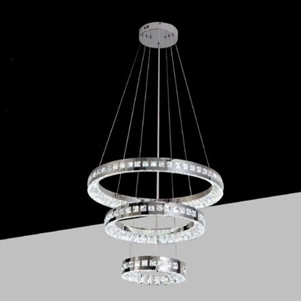 Trade Shop - Lampadario Led A Sospensione Soffitto 46w Cct 3 Anelli Decorati Cristalli Acrilico B50-3c -