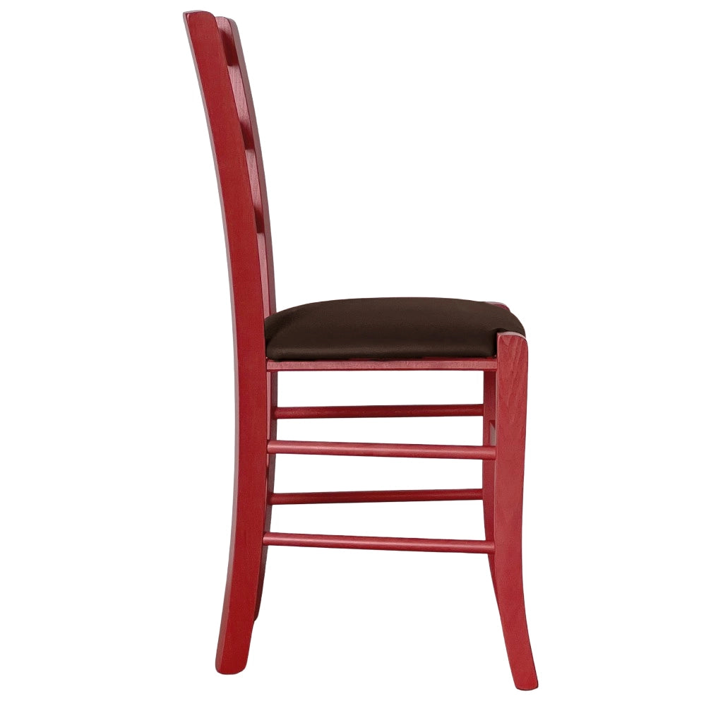 Sedie da sala da pranzo in legno Venezia rosse con seduta in similpelle marrone