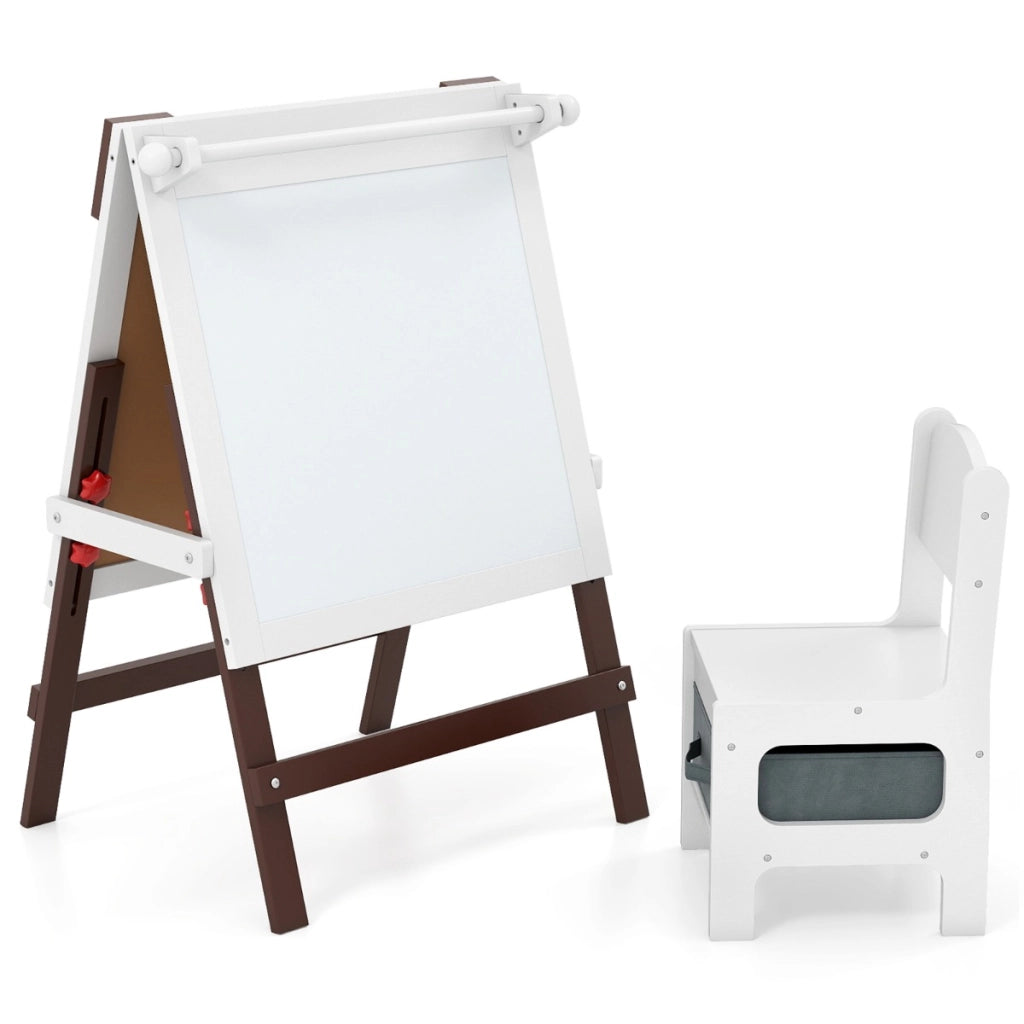 Cavalletto artistico doppia faccia per bambini con sedia contenitore, Cavalletto da disegno regolabile in altezza Marrone