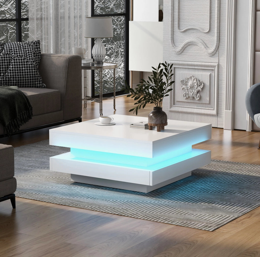 Tavolino da caffè quadrato bianco con illuminazione LED Bluetooth e design moderno