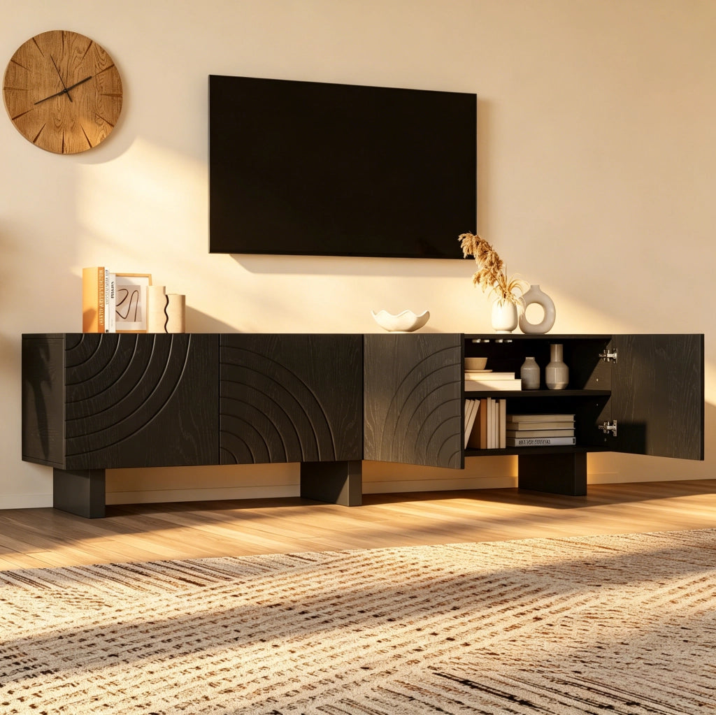 Mobile TV nero con 4 ante strutturate, 180 × 40 × 55 cm