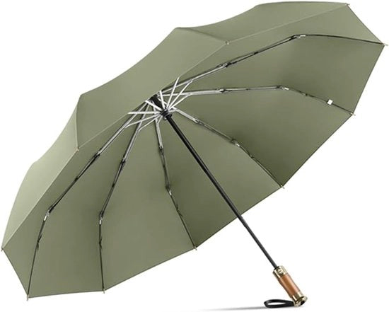 Paraplu grande, diametro 114 cm, vetroresina 10-filari, impermeabile all'aria, grande, compatto, automatico, portatile e ripiegabile, con manico di stoffa/dibambito in legno