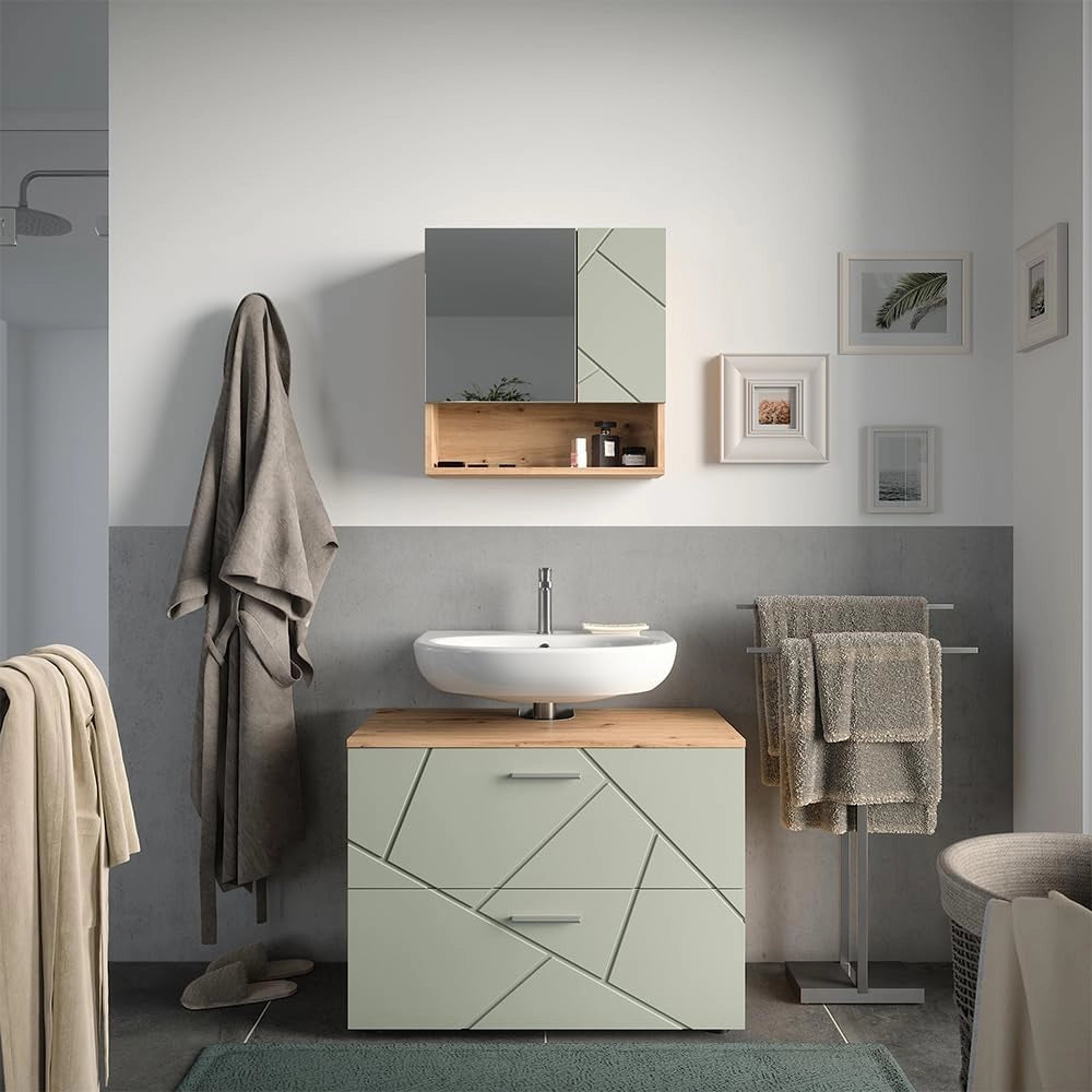 Set di mobili da bagno Irma, Verde salvia, 80 cm, composto da specchio da bagno e mobile sottolavabo