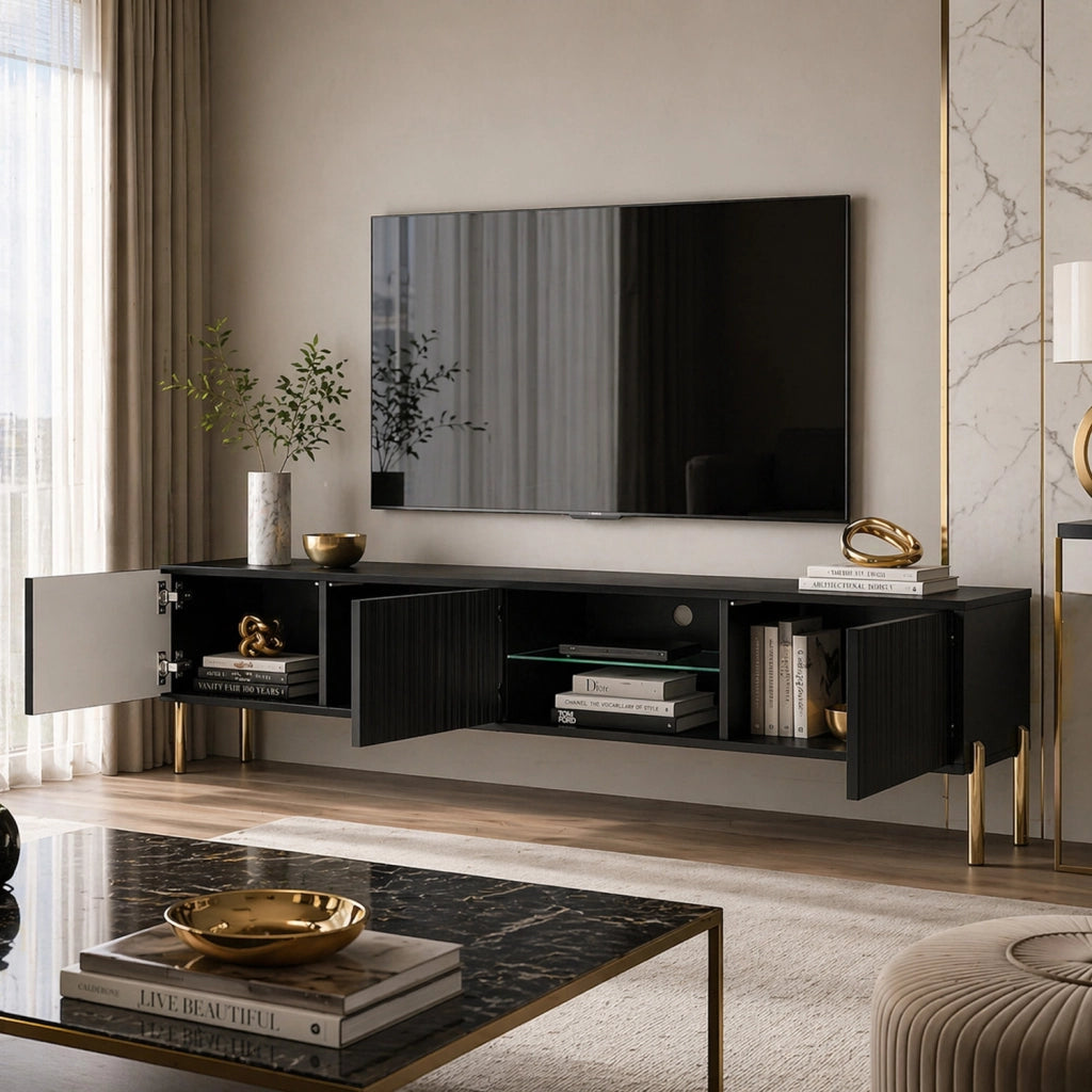 Mobile Porta TV Con 3 Ante A Doghe Verticali Vano Centrale Con Passacavi Design Moderno In Melaminico Per Soggiorno Salotto 175 X 31 X 47 Cm Nero