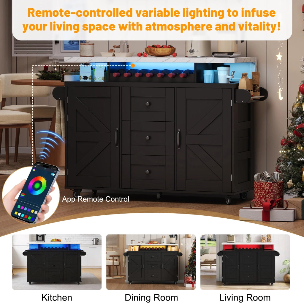 Isola cucina con piano ribaltabile 138x60x93 cm in MDF nero; LED RGB; 2 porte e 3 cassetti