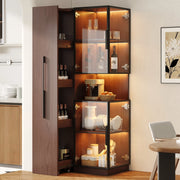 Vetrina alta in MDF e vetro 70×38×160 cm, colore noce, con ripiani estraibili e LED multicolore