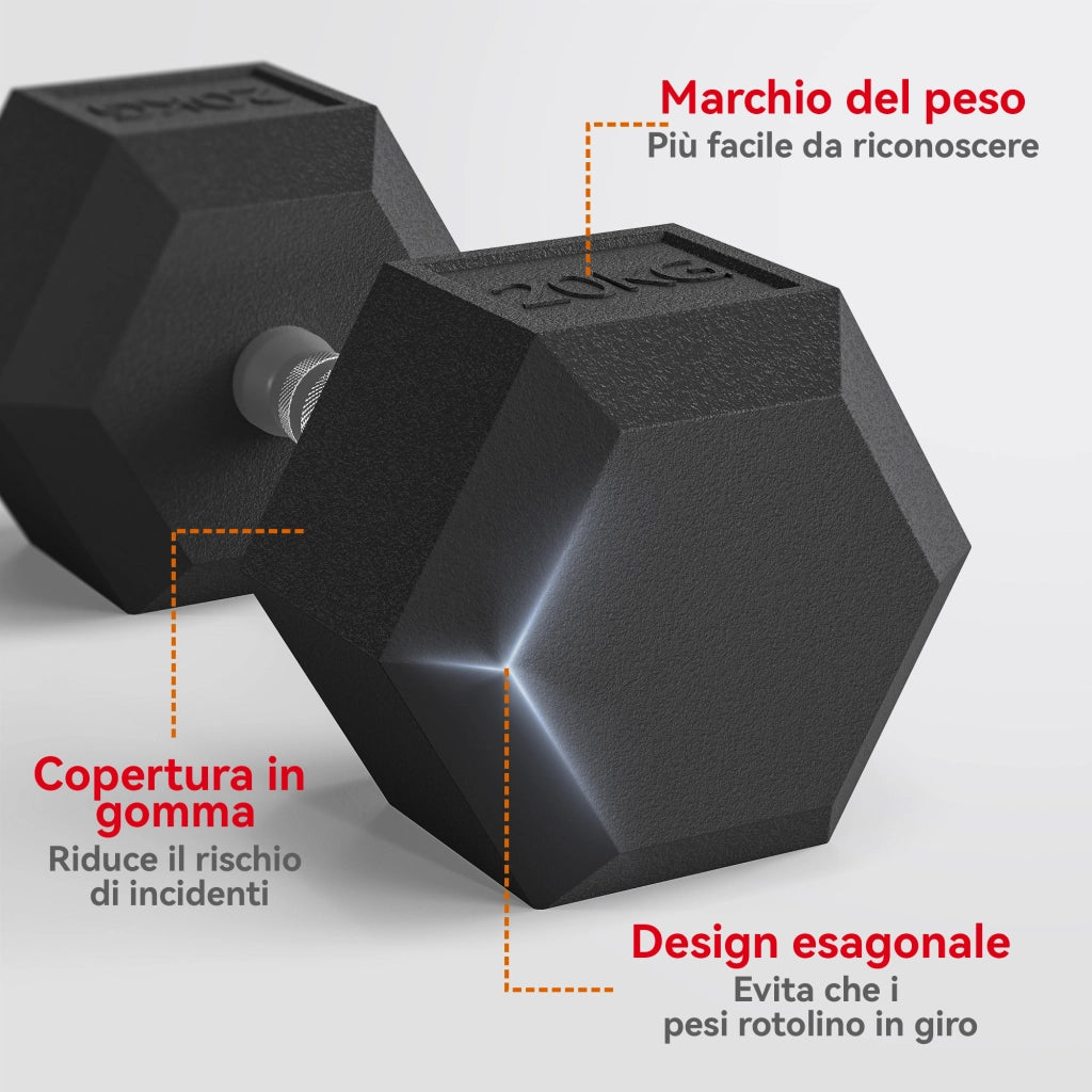 Manubrio Esagonale da 20kg in Acciaio e Gomma per Workout in Palestra. Casa e Ufficio. Nero