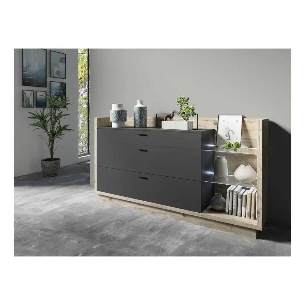 Credenza design XL 200cm. Collezione CORK con 3 cassetti e scaffali. Colori pino e grigio antracite.