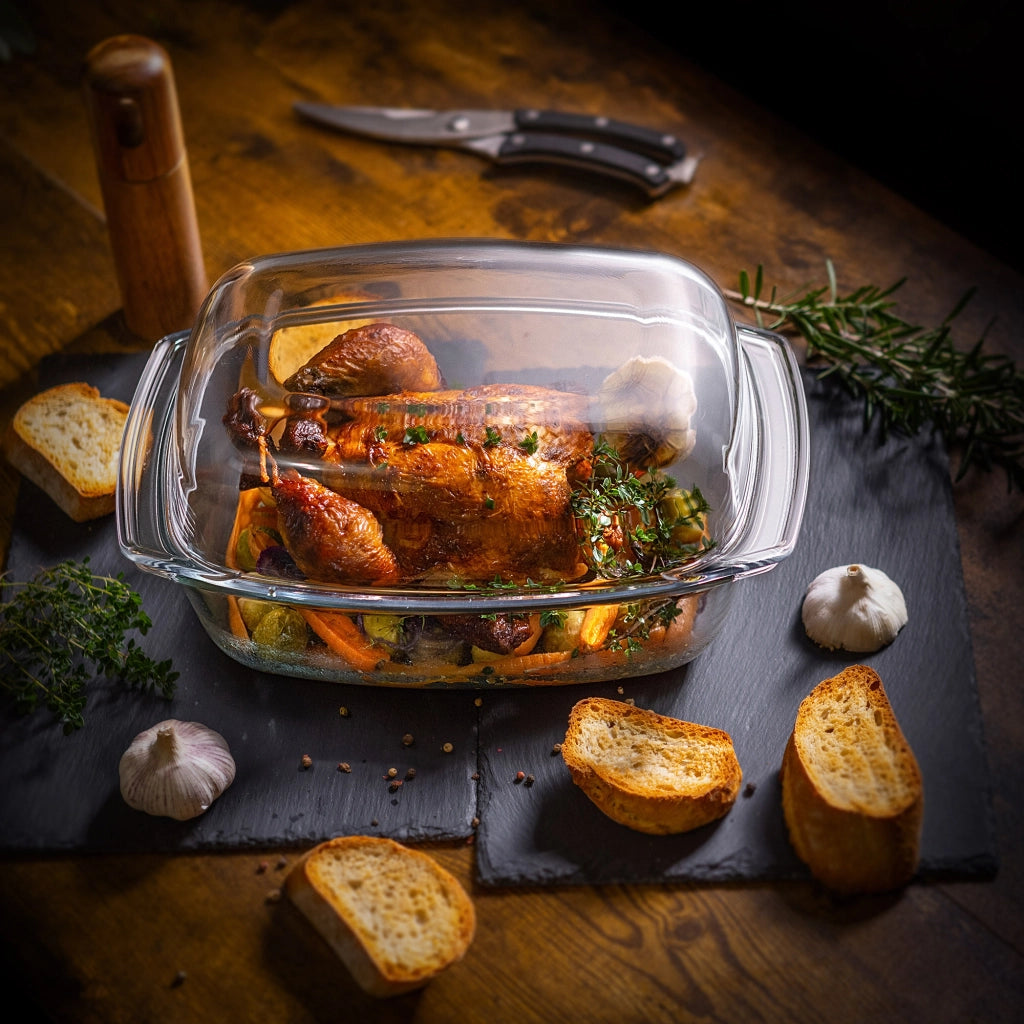 Teglia da forno rettangolare in vetro grande KADAX da 7 litri con coperchio