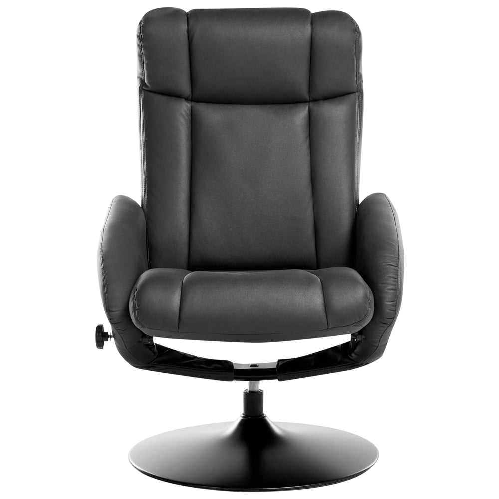 Poltrona reclinabile nera con poggiapiedi in ecopelle vegana girevole imbottita con struttura in metallo dal design retrò