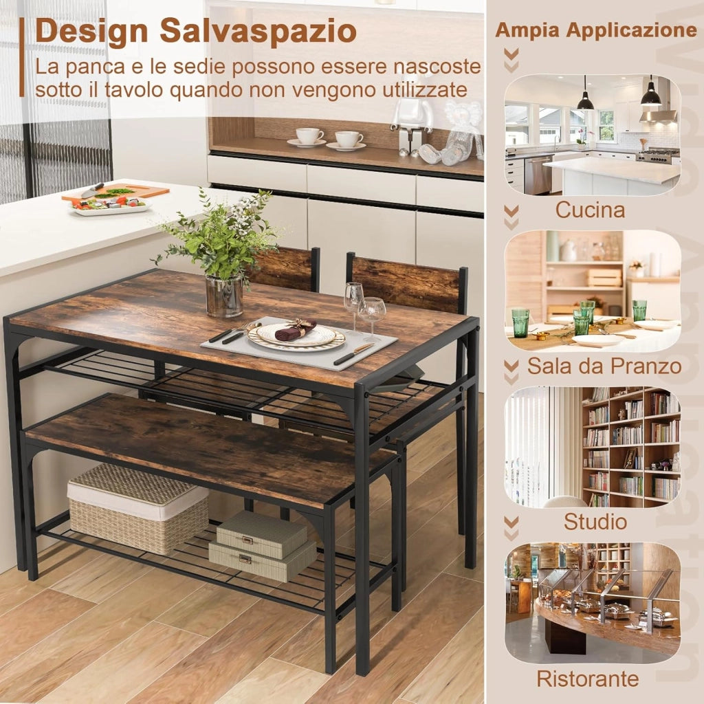 Set da Pranzo 4 Pezzi, Tavolo da Pranzo Industriale con 2 Sedie e Panca, Mobili da Cucina con Telaio in Metallo, Ripiano Portaoggetti(Marrone)