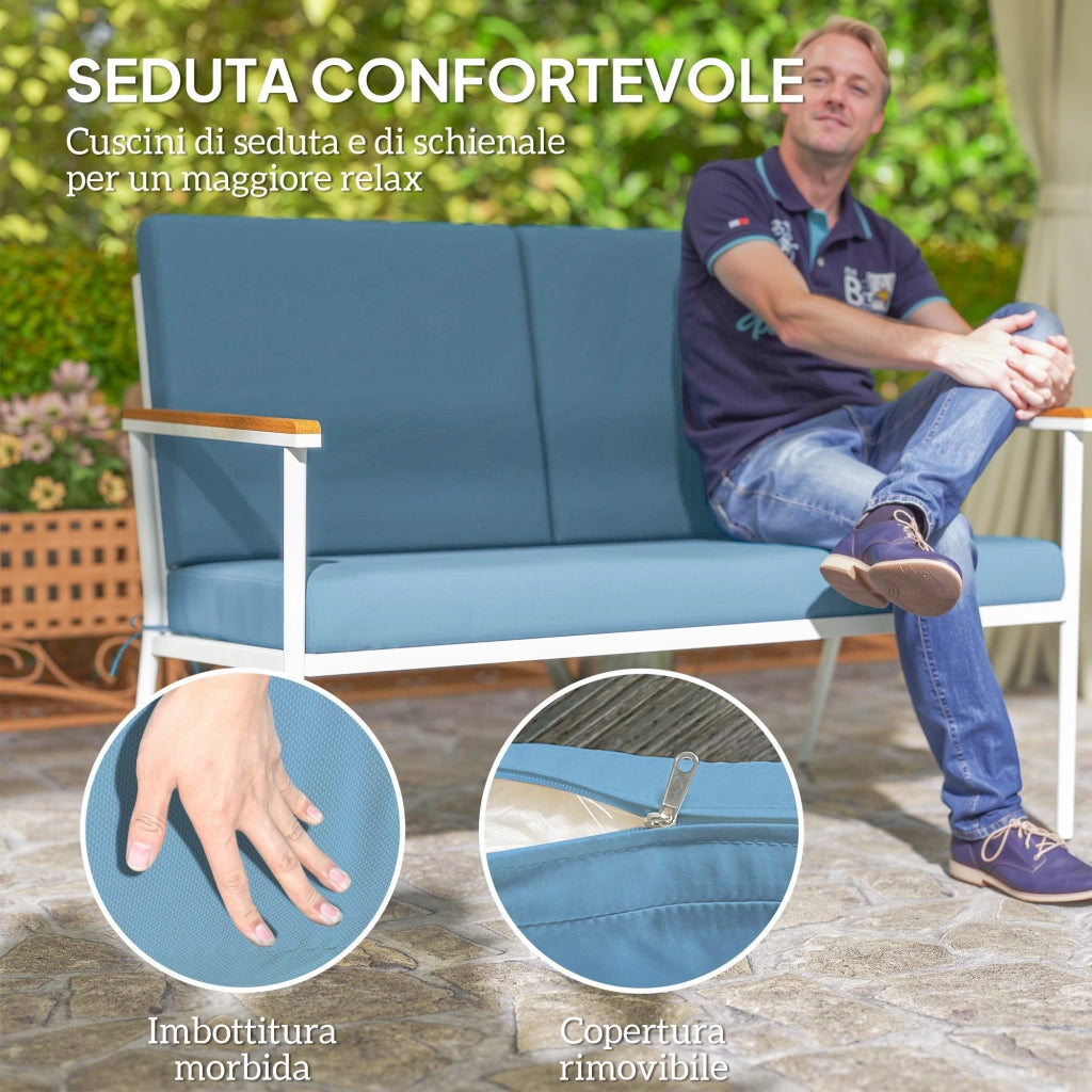 Set  5 Pezzi da Esterno Divano 2 Poltrone e 2 Tavolini in Vetro Azzurro
