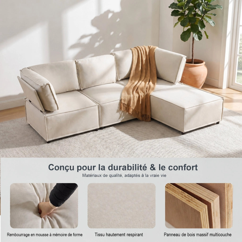 Divano modulare componibile beige in legno con imbottitura in schiuma e molle