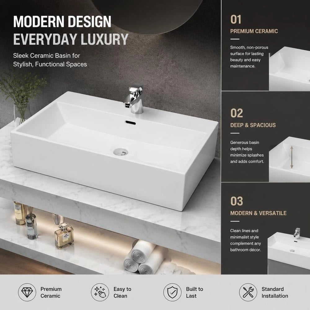 Washbasin With Tap Hole, Ceramic, White, 76x42.5x14.5 Cm