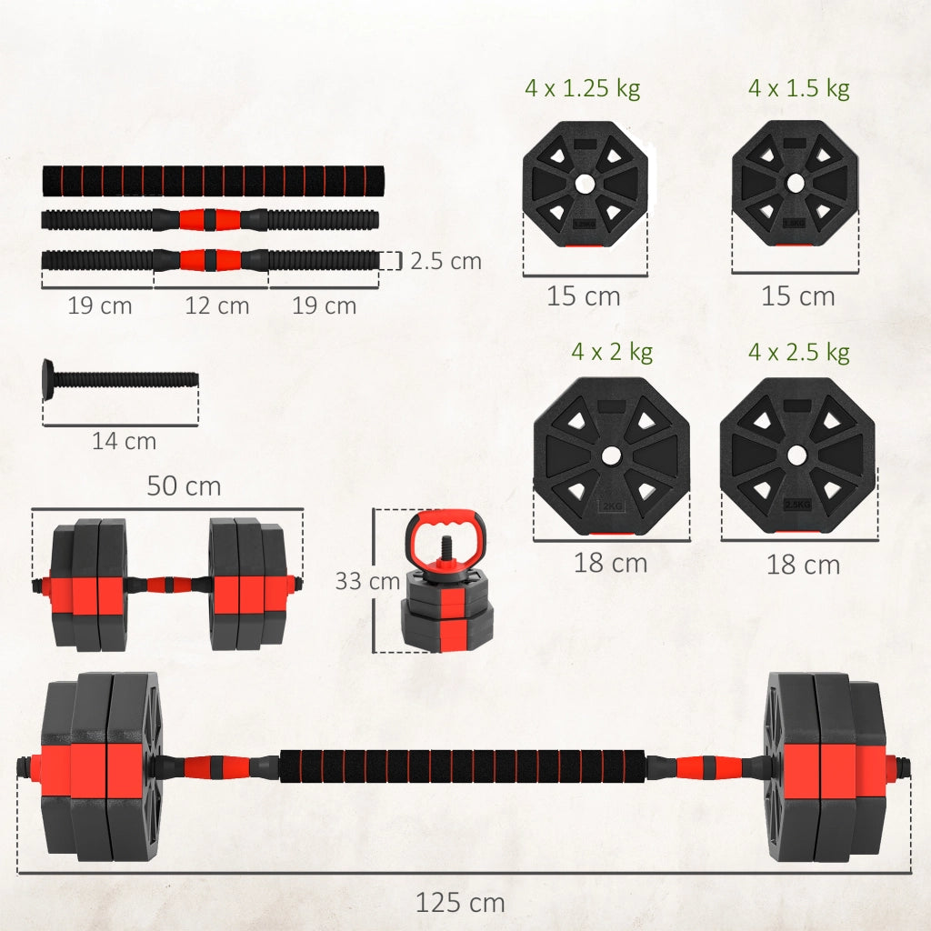 Set Pesi da Palestra 6 in 1 da 30kg, Convertibile in Kettlebell, 2 Manubri, Bilanciere e Supporto Flessioni, Rosso