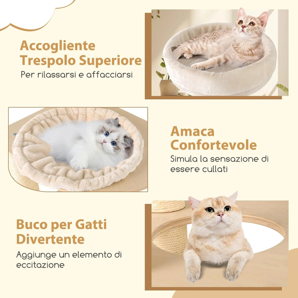 Albero per Gatti 151 cm, Tiragraffi per Gatti Adulti con Condo a 2 Piani, Tiragraffi in Sisal e Tappetino, Amaca e Cuscino, Mobile per Animali Domestici