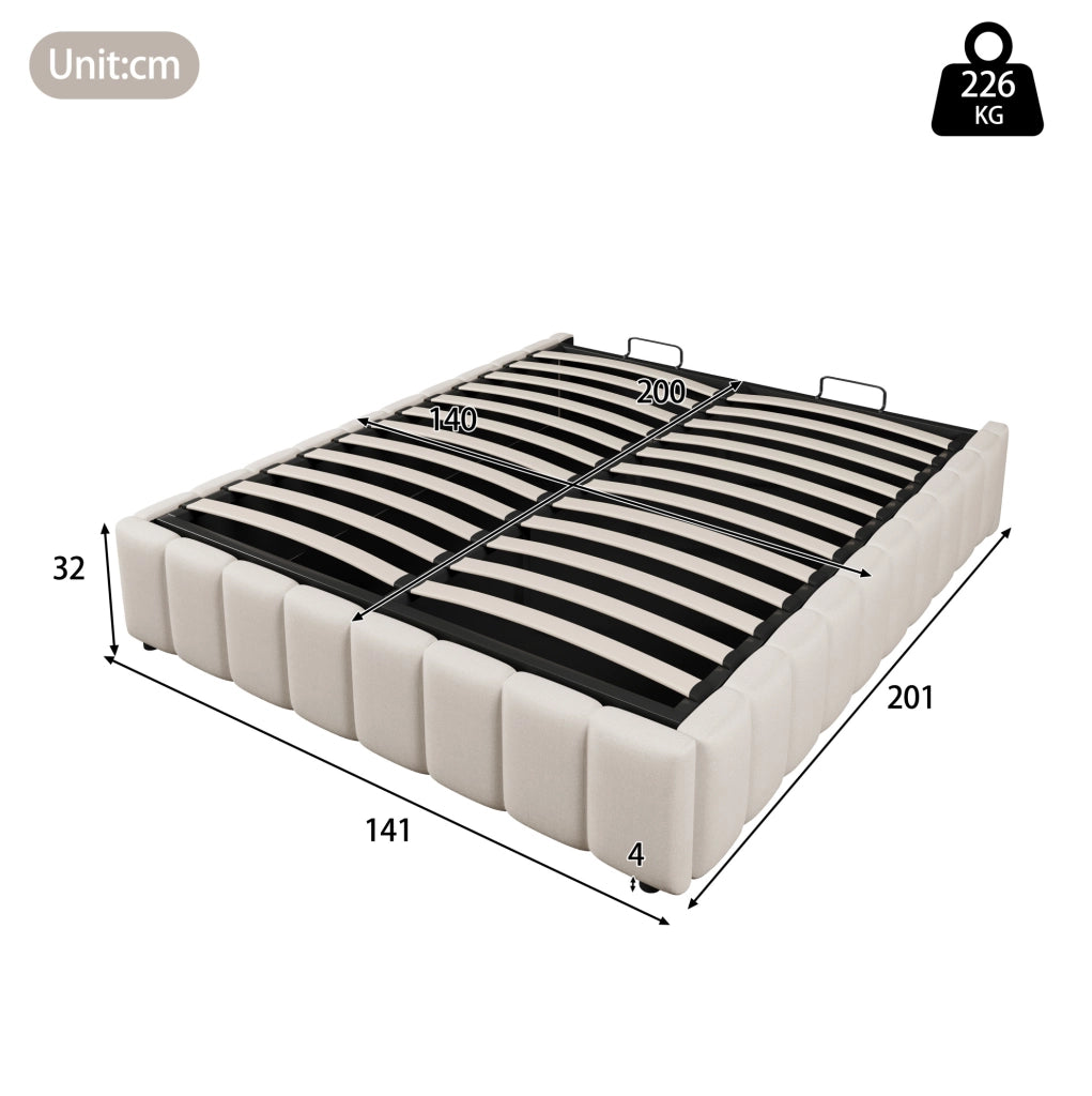 Letto matrimoniale 140x200 cm con contenitore idraulico; senza testiera; in lino beige