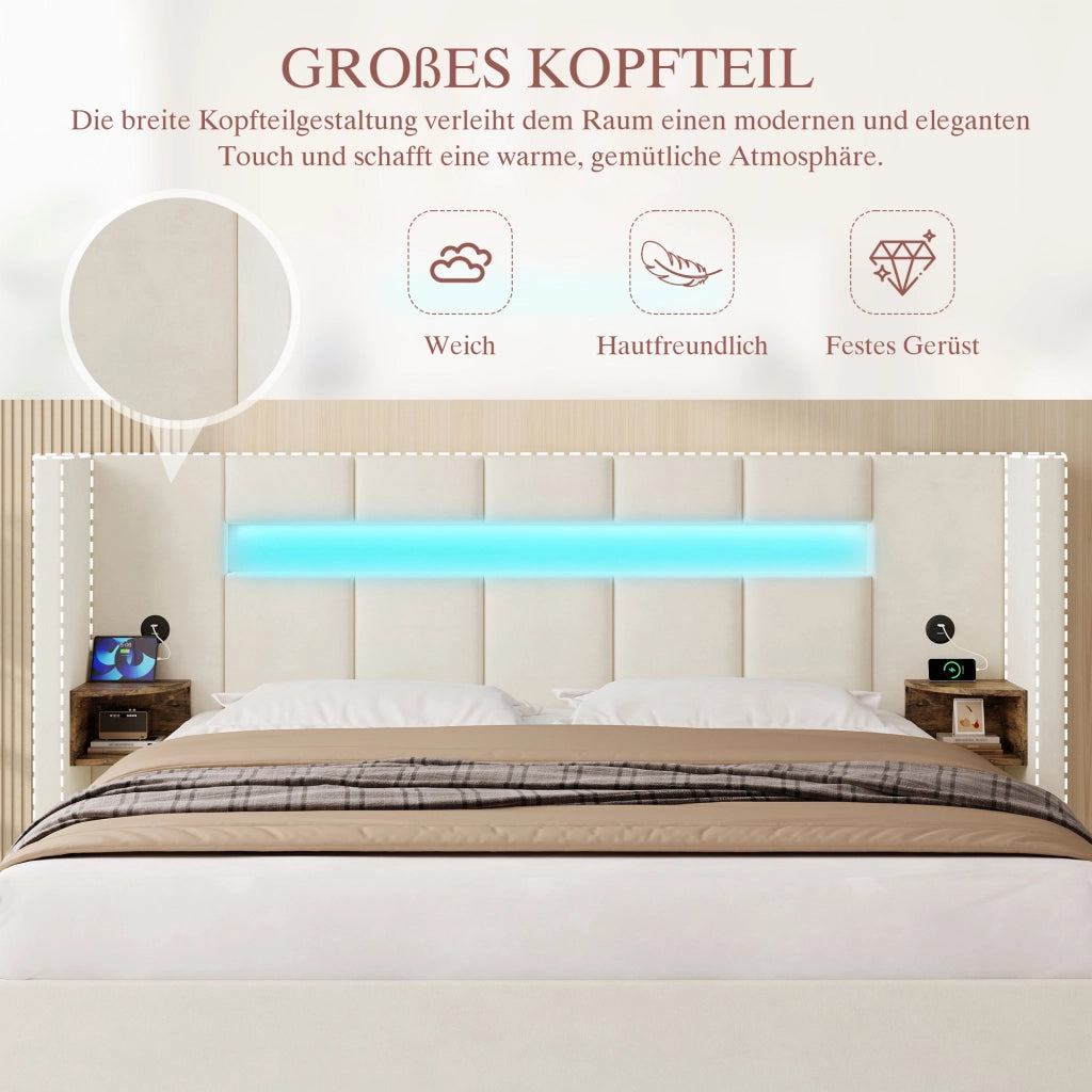 LETTO Contenitore 160x200 cm in velluto beige con USB, LED e idraulico