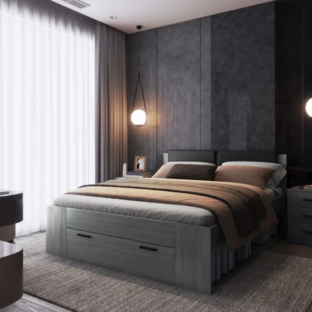 Letto matrimoniale 160x200 con cassetti integrati - Collezione FLOYD. Colore grigio effetto legno.