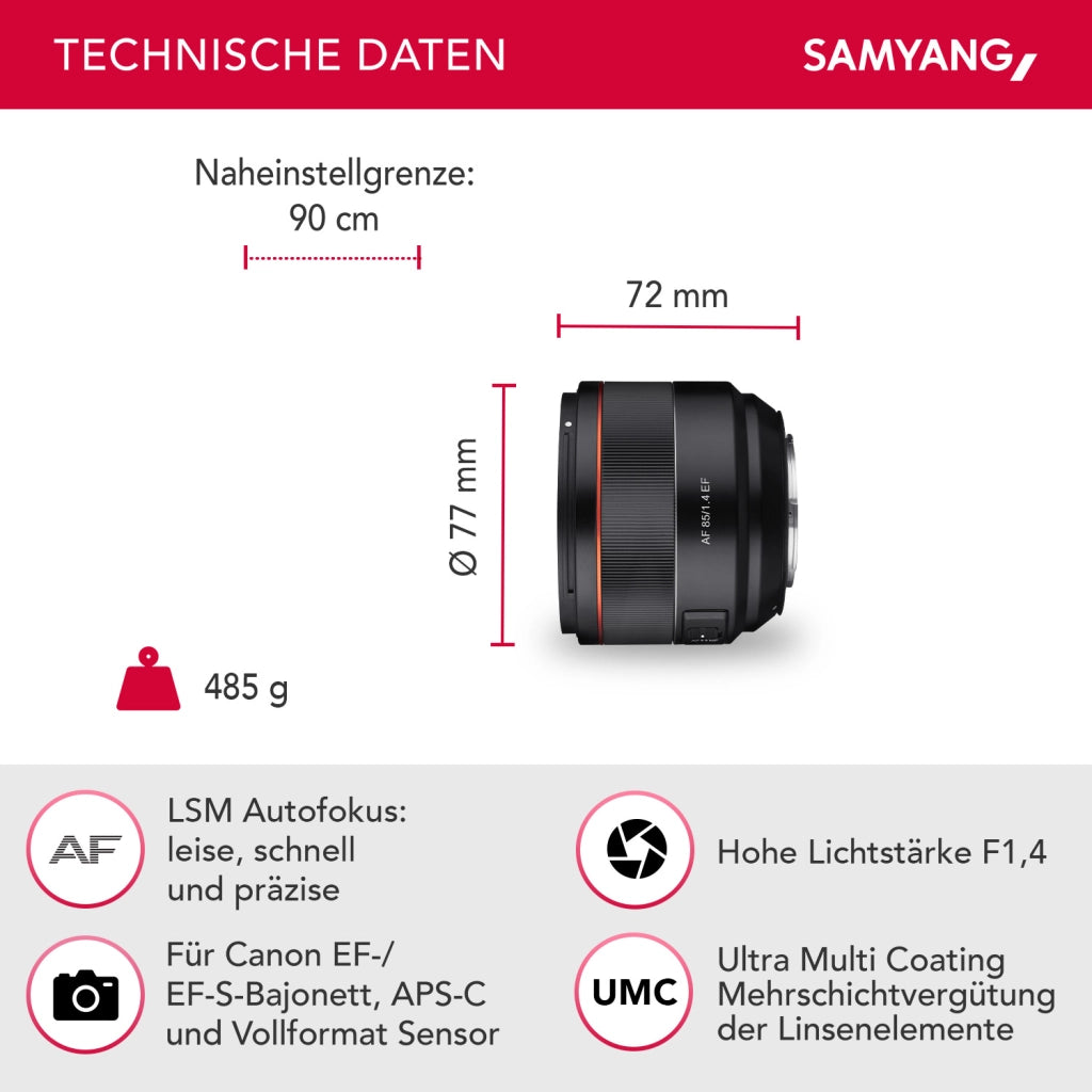 Teleobiettivo AF 85mm F1.4 EF – compatibile con Canon EF - leggero e compatto - per ritratti fotografici, con autofocus veloce per DSLM - per fotocamere SLR full-frame e APS-C