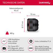 Teleobiettivo AF 85mm F1.4 EF – compatibile con Canon EF - leggero e compatto - per ritratti fotografici, con autofocus veloce per DSLM - per fotocamere SLR full-frame e APS-C