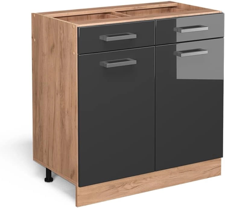 Mobiletto base per cucina R-Line, Antracite lucido, 80 cm senza piano di lavoro, per la libera combinazione all'interno di sistemi cucina modulari