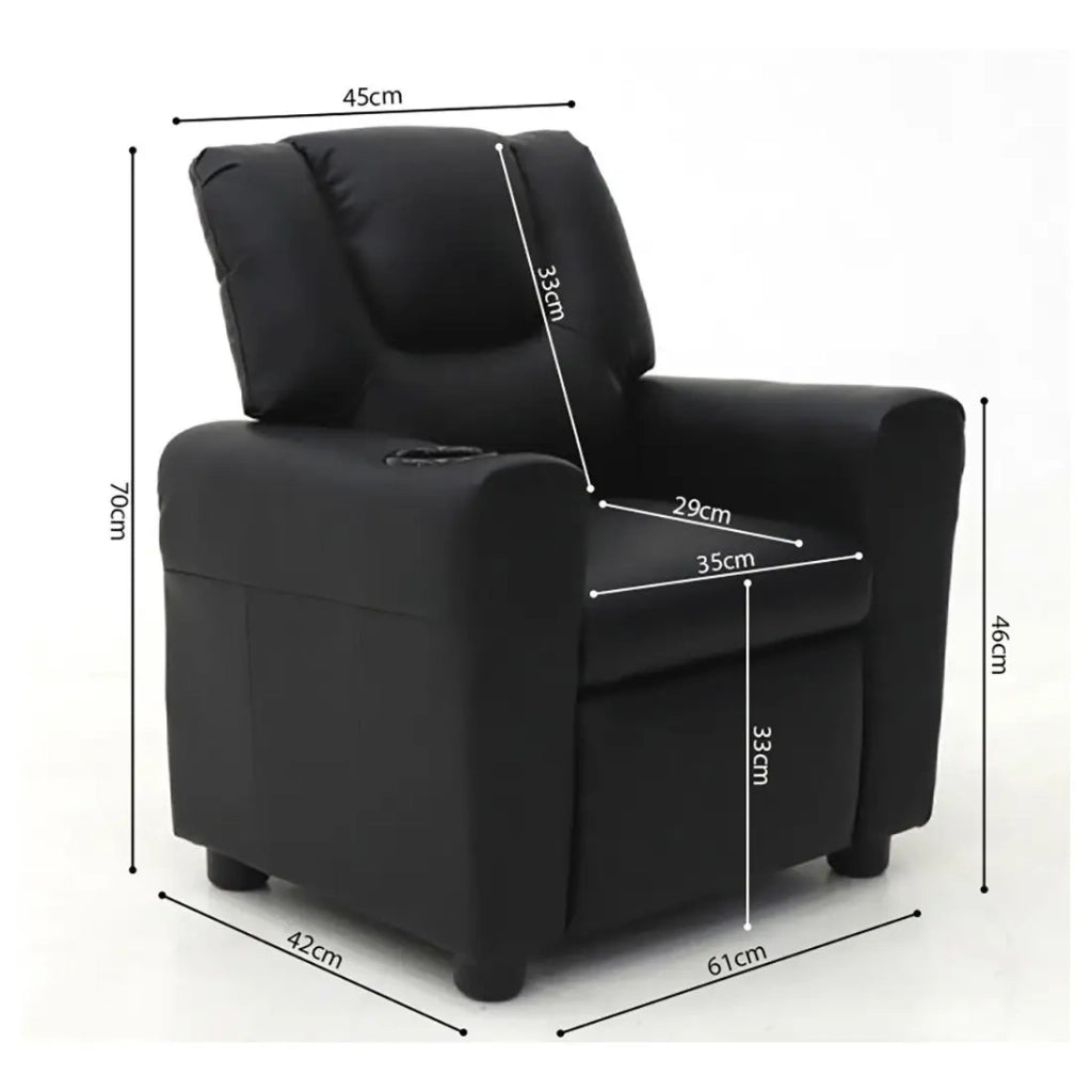 Mini poltrona relax ITCHI reclinabile manualmente in materiale PU di colore nero.